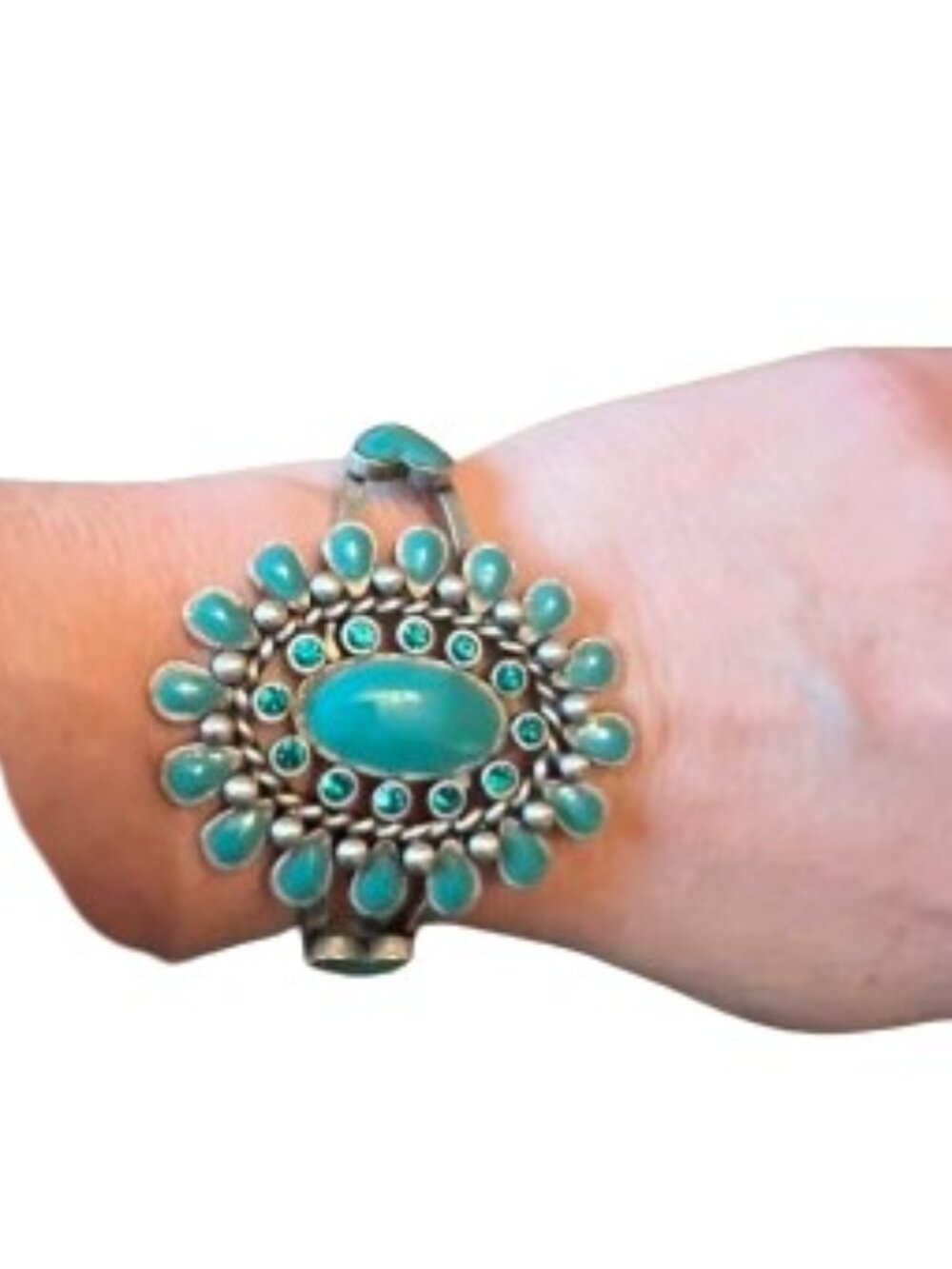Southwest Style Turquoise Cluster Adjustable Bangle Bracelet - EUC